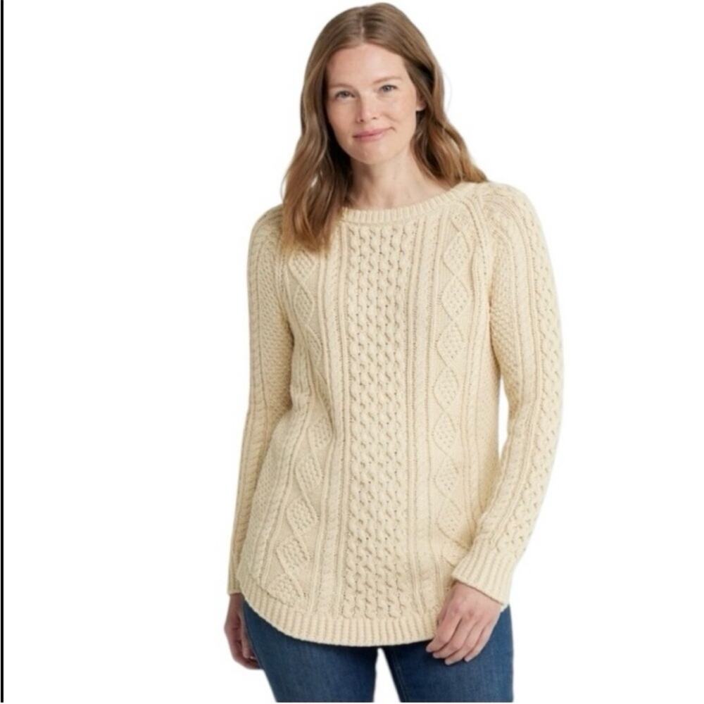 LL Bean Signature Tunic Fisherman Sweater Cream Cable Knit Crewneck Large